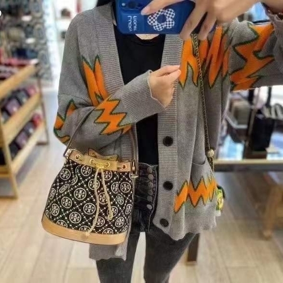 Tory Burch T Monogram Black and Beige Bucket Bag